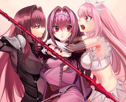  3girls :o :t angry armpits asakou_(n_morninglight) bad_id bad_pixiv_id bodysuit brown_eyes crossed_arms dress fate/grand_order fate_(series) frills gae_bolg_(fate) girl_sandwich gloves hair_intakes highres long_hair looking_at_another medb_(fate) midriff multiple_girls open_mouth pink_background pink_hair polearm pout profile purple_bodysuit purple_dress purple_hair red_eyes sandwiched scathach_(fate) scathach_skadi_(fate) skirt spear tiara weapon white_gloves white_skirt yuri 