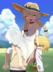  1boy bad_id bad_twitter_id bare_shoulders barefoot belt black_ribbon blonde_hair blue_sky blush braid cloud collar collared_shirt dress fangs female field grey_hair hair_ribbon hat highres insect_cage long_hair makaino_ririmu makaino_ririmu_(3rd_costume) multicolored_hair nijisanji open_mouth outdoors pink_eyes pointy_ears red_collar red_hair ribbon satsuyo shirt signature sitting sitting_on_person sky sleeveless sleeveless_dress sleeves_rolled_up smile strap_slip streaked_hair sun_hat sundress sweater_vest twin_braids uzuki_kou uzuki_kou_(3rd_costume) virtual_youtuber white_dress white_shirt 