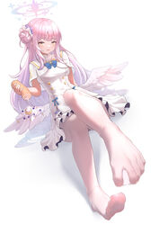  absurdres angel_wings arm_behind_back arm_support blue_archive blue_bow blue_bowtie bow bowtie buttons cake capelet chan_sang chinese_commentary commentary_request dorsiflexion double-breasted dress eyelashes feathered_wings feet female flower food foot_focus foreshortening frilled_dress frills full_body gradient_hair hair_bun hair_flower hair_ornament halo hand_up highres holding knees_together_feet_apart legs long_hair looking_at_viewer low_wings mika_(blue_archive) multicolored_hair no_shoes pantyhose parted_lips pink_hair presenting_foot purple_hair sailor_collar shadow shiny_clothes sidelocks simple_background single_side_bun sitting solo spread_toes swiss_roll toenails toes underbust very_long_hair white_background white_capelet white_dress white_pantyhose white_wings wing_ornament wings yellow_eyes 