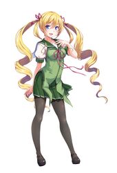  :d black_footwear black_pantyhose blue_eyes drill_hair female full_body gal_gun_(series) gal_gun_returns green_skirt hair_ribbon hand_on_own_chest highres long_hair looking_at_viewer mary_janes masanori_ito non-web_source official_art open_mouth pantyhose pleated_skirt ribbon sakurazaki_kaoruko shoes short_sleeves simple_background skirt smile solo standing twintails very_long_hair white_background 