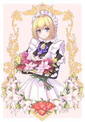  absurdres apron black_dress blonde_hair commentary_request dress drone_(fswingsk) female flower frilled_apron frills highres holding holding_flower long_sleeves maid maid_apron maid_headdress puffy_long_sleeves puffy_sleeves short_hair shropshire_(steelblue_mirage) solo steelblue_mirage upper_body warship_girls_r white_apron 