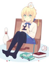  87banana artoria_pendragon_(fate) baseball black_pantyhose blonde_hair book bowling_pin closed_mouth commentary_request eating fate/stay_night fate_(series) female full_body green_eyes no_shoes pantyhose saber_(fate) sitting suitcase toy_car translation_request 