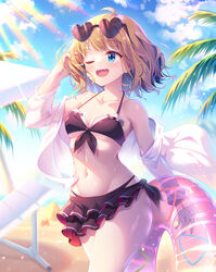  ;d ahoge animal beach bikini black_bikini blue_eyes blue_sky breasts brown_hair cloud crab day eyewear_on_head female frilled_bikini frills heart heart-shaped_eyewear highres idolmaster idolmaster_million_live! kagami_(galgamesion) md5_mismatch medium_breasts navel ocean one_eye_closed open_clothes open_shirt outdoors palm_tree revision shirt short_hair sky smile solo sunglasses sunlight suou_momoko swimsuit thighs tree walking white_shirt 