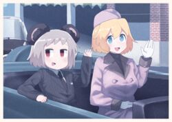  2girls alice_margatroid animal_ears black_jacket black_necktie blonde_hair blue_eyes blush border car coat commentary convertible cookie_(touhou) cosplay crossdressing feet_out_of_frame film_grain formal fuka_(kantoku) gloves hair_between_eyes hat highres jacket jacqueline_kennedy_onassis jacqueline_kennedy_onassis_(cosplay) john_f._kennedy john_f._kennedy_(cosplay) kofji_(cookie) long_sleeves looking_at_viewer looking_to_the_side motor_vehicle mouse_ears multiple_girls nazrin necktie open_mouth parody pink_coat pink_headwear pinstripe_pattern pinstripe_suit pocket_square real_life red_eyes shirt short_hair sitting smile striped suit suit_jacket touhou waving web_(cookie) white_border white_gloves white_shirt 