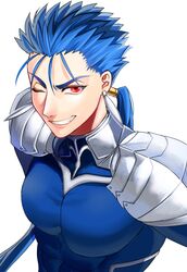  1boy armor asakou_(n_morninglight) blue_bodysuit blue_hair bodysuit cu_chulainn_(fate) cu_chulainn_(fate/stay_night) earrings fate/stay_night fate_(series) grin hair_strand highres jewelry long_hair looking_at_viewer low_ponytail male_focus one_eye_closed pauldrons ponytail red_eyes shoulder_armor simple_background smile solo spiked_hair upper_body white_background 