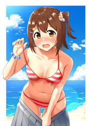  :o ass_visible_through_thighs beach bead_bracelet beads bikini bikini_under_clothes blue_sky blush border bracelet breasts breasts_apart brown_hair cleavage clothes_pull cloud collarbone commentary_request cowboy_shot day embarrassed female flying_sweatdrops glint grey_skirt hair_ornament hair_scrunchie hairclip horizon idolmaster idolmaster_million_live! idolmaster_million_live!_theater_days jewelry karua_(karua23) kasuga_mirai leaning_forward lens_flare looking_at_viewer medium_breasts medium_hair navel nose_blush ocean one_side_up open_mouth outdoors outside_border plaid plaid_scrunchie pleated_skirt pulling_own_clothes raised_eyebrows red_bikini scrunchie sidelocks skirt skirt_pull sky solo standing star_(symbol) star_hair_ornament strap_pull string_bikini striped_bikini striped_clothes sweatdrop swimsuit undressing water white_border yellow_eyes 