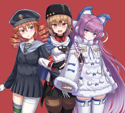  3girls armband azur_lane bad_id bad_twitter_id black_gloves blush breasts brown_hair closed_mouth clothes_writing commentary_request crossover dress drill_hair earmuffs fingerless_gloves fur_hat fur_trim gloves hair_between_eyes hair_ornament hairclip hat highres historical_name_connection kantai_collection long_hair long_sleeves multiple_girls name_connection open_mouth orange_hair pantyhose papakha pom_pom_(clothes) purple_hair red_background sailor_collar sailor_dress scarf shawl shirt simple_background skirt sleeves_past_fingers sleeves_past_wrists star_(symbol) striped_clothes striped_shirt tashkent_(azur_lane) tashkent_(kancolle) tashkent_(warship_girls_r) telnyashka thighhighs twin_drills warship_girls_r white_gloves white_scarf yakob_labo 