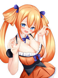  :d alternate_costume blue_bow blue_bowtie blue_eyes blush bow bowtie breasts claw_pose cleavage detached_collar detached_sleeves dress female frilled_dress frills hair_rings hairbow hands_up happy head_tilt highres large_breasts long_hair looking_at_viewer medium_breasts neptune_(series) nitoya orange_dress orange_hair orange_heart_(neptunia) power_symbol power_symbol-shaped_pupils shin_jigen_game_neptune_vii smile solo symbol-shaped_pupils twintails very_long_hair 