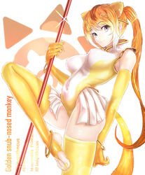  akegata_tobari animal_ears anklet blonde_hair bo_staff bracelet breasts character_name circlet closed_mouth commentary_request covered_navel covered_nipples elbow_gloves english_text female gloves golden_snub-nosed_monkey_(kemono_friends) gradient_hair holding impossible_clothes impossible_leotard japari_symbol jewelry kemono_friends latin_text leg_up legs leotard long_hair looking_at_viewer medium_breasts monkey_ears monkey_tail multicolored_hair nail_polish orange_hair ponytail sidelocks skindentation skirt sleeveless smile solo sparkle standing tail thighhighs toenail_polish toenails white_skirt yellow_gloves yellow_leotard yellow_nails yellow_thighhighs 