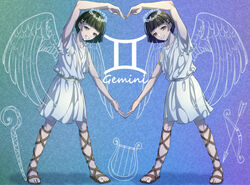  2girls ancient_greek_clothes chiton commentary dress english_text gemini_(symbol) gemini_(zodiac) gladiator_sandals greco-roman_clothes grin harp heart_arms_duo highres instrument looking_at_viewer magatama_illust multiple_girls night night_sky original sandals siblings sky sleeveless smile standing twins white_dress zodiac 