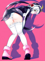  akegata_tobari bent_over black_dress black_hair commentary crotch_seam dress female from_behind hair_ornament hands_on_own_knees headphones heart heart_hair_ornament heel_up kemono_friends lace lace-trimmed_legwear lace_trim long_hair long_sleeves looking_at_viewer looking_back microdress multicolored_hair panties parted_lips penguin_tail pink_background pink_footwear royal_penguin_(kemono_friends) shadow shoes solo standing tail thigh_gap thighhighs twintails two-tone_hair underwear whip white_panties white_thighhighs 