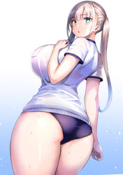  ass black_buruma blunt_bangs bra_visible_through_clothes breasts buruma commentary_request female from_behind gradient_background green_eyes gym_uniform highres large_breasts light_brown_hair looking_at_viewer looking_back original parted_lips shirt short_sleeves sidelocks simple_background solo standing sweat thighs tsukumiya_amane twintails white_shirt 