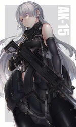  absurdres ak-15 ak-15_(girls&#039;_frontline) armor assault_rifle bare_shoulders black_gloves braid breasts commentary_request crotch_plate elbow_gloves female girls&#039;_frontline gloves greaves grey_hair gun hair_over_one_eye highres holding holding_gun holding_weapon kalashnikov_rifle long_hair looking_at_viewer lushiying mask mask_around_neck photoshop_(medium) purple_eyes rifle solo weapon 