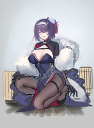  azur_lane black_gloves black_pantyhose breasts cleavage commentary_request dress echj female gloucester_(azur_lane) gloucester_(brilliance_in_purple)_(azur_lane) gloves highres large_breasts official_alternate_costume open_mouth orange_eyes pantyhose photoshop_(medium) purple_hair short_hair simple_background sitting smile solo 