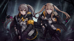  2girls armband black_gloves black_jacket brown_hair commentary dinergate_(girls&#039;_frontline) explosive fingerless_gloves girls&#039;_frontline gloves grenade gun h&amp;k_ump highres holding holding_grenade holding_gun holding_weapon jacket long_hair long_sleeves multiple_girls non-humanoid_robot one_side_up purple_eyes robot sangvis_ferri scar scar_on_face seraphim_throne submachine_gun trigger_discipline twintails ump45_(girls&#039;_frontline) ump9_(girls&#039;_frontline) weapon yellow_armband yellow_eyes 