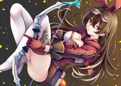  amber_(genshin_impact) boots bow_(weapon) breasts brown_eyes brown_hair brown_shorts cleavage closed_mouth commentary_request creek_(moon-sky) eyebrows_hidden_by_hair female genshin_impact gloves goggles goggles_on_head hair_between_eyes hair_ribbon holding holding_bow_(weapon) holding_weapon hood hood_down hooded_jacket jacket long_hair looking_at_viewer medium_breasts red_gloves red_jacket red_ribbon ribbon short_shorts shorts solo thigh_boots thighhighs very_long_hair vision_(genshin_impact) weapon white_footwear white_thighhighs 