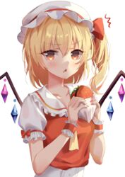  ^^^ arms_up ascot bad_id bad_pixiv_id blonde_hair burger collarbone commentary_request female fingernails flandre_scarlet food food_on_face hair_between_eyes hat hat_ribbon holding holding_food light_blush looking_at_viewer mob_cap nail_polish one_side_up partial_commentary puffy_short_sleeves puffy_sleeves red_eyes red_nails red_vest ribbon shaffelli shirt short_hair short_sleeves sidelighting simple_background solo touhou triangle_mouth upper_body vest white_background white_hat white_shirt wings wrist_cuffs yellow_ascot 