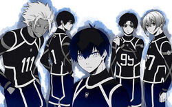  5boys blue_lock commentary_request hair_between_eyes isagi_yoichi itoshi_rin looking_at_viewer male_focus monochrome multiple_boys nijirou_nanase profile shidou_ryuusei short_hair simple_background spot_color standing tarou_(run) you_hiori 