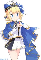  absurdres ascot azur_lane black_ascot blonde_hair blue_cape blue_eyes cake cape closed_mouth commentary cowboy_shot epaulettes female food fruit gloves hardy_(azur_lane) hat hat_ribbon highres holding holding_plate kandori long_sleeves military military_hat military_uniform musical_note plate pleated_skirt ribbon shirt sidelocks simple_background skirt smile solo standing strawberry strawberry_shortcake twitter_username uniform white_background white_gloves white_shirt white_skirt 