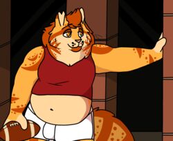  2020 anthro ball belly boxers_(clothing) cel_shading clothed clothing digital_drawing_(artwork) digital_media_(artwork) domestic_cat felid feline felis fur gridiron_ball hair half-closed_eyes half-length_portrait hi_res holding_ball holding_object leaning_on_wall leonidas_(catchiatore) male male_anthro mammal midriff narrowed_eyes navel notched_ear orange_body orange_eyes orange_fur overweight overweight_anthro overweight_male pink_nose portrait procreate_(artwork) red_clothing red_shirt red_tank_top red_topwear sebdoggo shaded shirt smile solo tail tan_body tan_fur tank_top topwear underwear whiskers white_boxers white_clothing white_underwear 