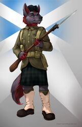  2018 anthro bayonet beard belt_pouch black_nose boots canid canine canis clothed clothing combat_boots email eyebrows facial_hair flag flag_background fluffy fluffy_tail footwear fully_clothed fur glengarry_cap gun hair hat headgear headwear hi_res kilt knife male mammal military military_cap military_clothing military_uniform purple_body purple_fur ranged_weapon red_beard red_facial_hair red_hair saltire scotland scottish scottish_flag simple_background solo standing tail thepimpartist traditional_media_(artwork) uniform weapon wolf world_war_1 yellow_eyes 