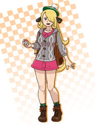  :d alternate_eye_color backpack bag blonde_hair boots brown_bag brown_footwear buttons cable_knit cardigan collared_dress commentary_request cosplay cynthia_(pokemon) dress female full_body gloria_(pokemon) gloria_(pokemon)_(cosplay) green_hat green_socks grey_cardigan habatakuhituji hair_ornament hair_over_one_eye hat holding holding_poke_ball hooded_cardigan knees long_hair open_mouth pink_dress plaid_socks poke_ball poke_ball_(basic) pokemon pokemon_dppt pokemon_swsh purple_eyes smile socks solo standing tam_o&#039;_shanter tongue 