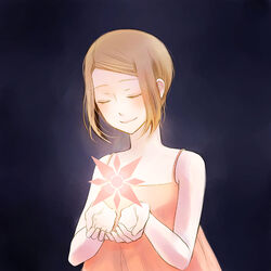  brown_hair cecily closed_eyes closed_mouth digimon digimon_adventure_02 digimon_crest dress female short_hair simple_background smile solo yagami_hikari 