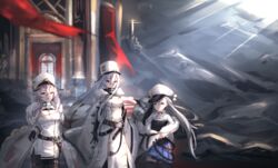  3girls azur_lane belt black_gloves breasts buttons cleavage coat coat_dress commentary_request double-breasted fur-trimmed_coat fur_trim gangut_(azur_lane) gloves grey_hair hair_between_eyes hat high_collar highres jacket ka11_ca large_breasts long_hair looking_at_viewer military_hat minsk_(azur_lane) mole mole_under_eye multiple_girls open_mouth outdoors purple_eyes red_eyes skirt smile sovetskaya_rossiya_(azur_lane) uniform very_long_hair white_coat white_hair white_headwear wind wind_lift 