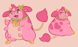  2_horns 4_nipples anthro bell bell_collar bovid bovine cloven_hooves collar conditional_dnp ear_bow eyelashes female fur generation_2_pokemon green_eyes head_tuft hooves horn labbit_(artist) lidded_eyes mammal markings miltank multi_nipple neck_bow nintendo nipples open_mouth open_smile pink_body pink_fur pink_markings pokemon pokemon_(species) semi-anthro smile solo spots spotted_body tail tail_tuft teats tuft udders yellow_hooves yellow_horn 