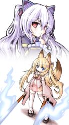  2girls @_@ animal_ears bell black_jacket blue_eyes cat_ears commentary_request detached_sleeves flat_chest food food_in_mouth fox_ears fox_girl fox_tail frilled_sleeves frills hair_between_eyes hair_ornament hairclip highres jacket japanese_clothes kemomimi_oukoku_kokuei_housou long_hair long_sleeves meta&#039;36 mikoko_(kemomimi_oukoku_kokuei_housou) multiple_girls neck_bell neck_ribbon nora_cat nora_cat_channel pink_ribbon pink_shirt pink_skirt pleated_skirt pocky pocky_in_mouth ribbon ribbon-trimmed_thighhighs ribbon_trim sandals shirt skirt tail thighhighs virtual_youtuber white_hair white_shirt white_thighhighs wide_sleeves 