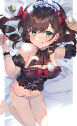  :q ahoge arms_up bad_id bad_twitter_id bare_shoulders black_shirt bow bow_panties breasts brown_hair cleavage closed_mouth commentary_request crop_top detached_sleeves female fork frilled_shirt frills green_eyes hairbow hanamori_healthy headdress highres holding inactive_account indie_virtual_youtuber large_breasts long_hair looking_at_viewer lying navel no_pants omelet_tomato on_back panties shirt smile solo thighs tongue tongue_out twintails underwear virtual_youtuber white_panties 