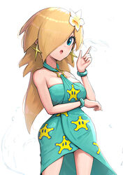  :o absurdres alternate_costume aqua_dress bare_arms bare_shoulders blonde_hair blue_eyes breasts commentary cowboy_shot dress earrings female flower gonzarez hair_flower hair_ornament halter_dress halterneck highres index_finger_raised jewelry large_breasts mario_(series) mario_kart mario_kart_tour official_alternate_costume open_mouth rosalina rosalina_(swimwear) sleeveless sleeveless_dress solo standing star_(symbol) star_earrings star_print thighs white_flower 