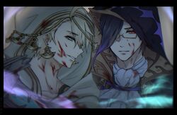  2boys aladdin_(sinoalice) aqua_eyes arabian_clothes ascot aura black_hair blonde_hair blood blood_on_face blood_splatter fringe_trim glasses hair_over_one_eye hameln_(sinoalice) happy highres hood hood_up looking_at_another looking_at_viewer multiple_boys open_mouth parted_lips purple_hair red_eyes short_hair sinoalice tattoo y_o_u_m_a 