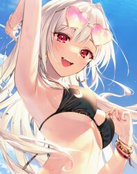  :d arm_up armpits bikini black_bikini blue_sky blush bracelet breasts day earrings eyewear_on_head female hair_intakes heart heart-shaped_eyewear highres hoop_earrings jewelry kh_(kh_1128) long_hair looking_at_viewer medium_breasts nail_polish oerba_yun_fang open_mouth original outdoors red_eyes red_nails sky smile solo sunglasses sweat swimsuit teeth underboob upper_body upper_teeth_only white_hair yellow-framed_eyewear 