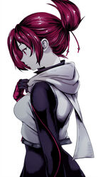  akegata_tobari black_bodysuit bodysuit closed_mouth collar_tug commentary female folded_ponytail from_behind gloves hair_tie highres kemurikusa long_sleeves nape profile red_eyes red_hair rin_(kemurikusa) scarf short_hair simple_background solo standing vest white_background white_scarf white_vest 