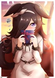  animal_ears black_hair blush casual covered_mouth female flying_sweatdrops gift hair_ornament hair_over_one_eye horse_ears horse_girl horse_tail kimukimu long_hair pov purple_eyes rice_shower_(umamusume) sitting sky solo tail umamusume valentine 