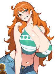  :d bare_shoulders bikini bikini_top_only blush breasts cleavage cowboy_shot denim female green_bikini grin head_tilt hifumi_hajime highres huge_breasts jeans looking_at_viewer nami_(one_piece) navel one_piece orange_eyes orange_hair pants parted_lips simple_background smile solo striped_bikini striped_clothes swimsuit teeth white_background 