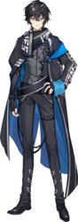  1boy axia_krone axia_krone_(1st_costume) black_coat black_footwear black_gloves black_nails black_pants black_scarf blue_eyes coat fingerless_gloves full_body gloves hair_between_eyes hand_on_own_hip highres kurono_yuu looking_at_viewer male_focus nijisanji official_art pants pilot_suit scarf science_fiction smile solo tachi-e transparent_background virtual_youtuber 