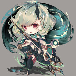  bad_id bad_pixiv_id black_gloves candle chibi dress elbow_gloves female fighting_stance gloves green_hair hair_ornament hairclip highres holding holding_weapon little_match_girl_(sinoalice) polearm red_eyes scarf short_hair sinoalice smoke solo thighhighs weapon xxviii_xi zettai_ryouiki 