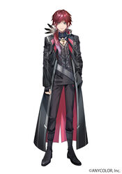  1boy absurdres belt black_footwear black_gloves black_jacket black_pants cleavage_cutout clothing_cutout cocokanata colored_tips feathers fingerless_gloves full_body gloves green_eyes hair_behind_ear highres jacket lauren_iroas lauren_iroas_(1st_costume) looking_at_viewer male_focus multicolored_hair nijisanji official_art pants pectoral_cleavage pectorals purple_hair red_hair solo virtual_youtuber white_background 