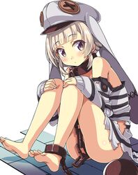  ankle_cuffs ass azur_lane ball_and_chain_restraint barefoot blonde_hair chain_leash chains commentary_request feet female grozny_(azur_lane) grozny_(bad_bunny_behind_bars)_(azur_lane) hat highres leash long_hair looking_at_viewer macaroni_hourensou prison_clothes purple_eyes short_hair simple_background sitting soles solo toes torn_clothes white_background white_hat 