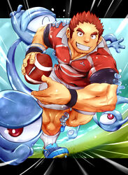  1boy american_football_(object) ball bara brown_hair collared_shirt doro_rich facial_hair full_body large_pectorals looking_at_viewer male_focus muscular muscular_male pectorals red_shirt rugby rugby_uniform scar scar_on_cheek scar_on_face shirt short_sleeves shorts sideburns smile solo spirit sportswear stubble tamamura_gunzo thick_eyebrows tokyo_afterschool_summoners white_shorts 