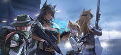  4girls animal_ears armband assault_rifle backpack bag black_gloves blonde_hair blue_eyes breasts brown_hair building car cat_ears commentary cr-21_(girls&#039;_frontline) creator_connection dark-skinned_female dark_skin f1_(girls&#039;_frontline) fingerless_gloves girls&#039;_frontline gloves goggles gun hair_between_eyes hat highres holding holding_weapon hologram idw_(girls&#039;_frontline) keffiyeh kisetsu lantern large_breasts light long_hair m500_(girls&#039;_frontline) midriff mossberg_500 motor_vehicle multiple_girls navel necktie open_mouth photoshop_(medium) pump_action rain rifle shield shield_module shirt shorts shotgun smile standing submachine_gun tail twintails weapon white_shirt 