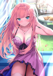  arm_support bare_shoulders blue_eyes blurry blurry_background blush breasts cleavage collarbone commentary_request cowboy_shot curtains day dress falling_petals feline female floating_hair grass hair_intakes hand_in_own_hair hand_up highres light_rays long_hair looking_at_viewer medium_breasts mizuya_nao moe2020 open_window original petals pink_hair pink_nails plant purple_dress see-through shadow sidelocks sitting sleeping_animal sleeveless sleeveless_dress smile solo_focus sunbeam sunlight table thighhighs white_thighhighs wind wind_lift window 