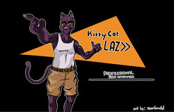  14:9 anthro black_body black_fur clothing domestic_cat felid feline felis fur gesture haarbundel hand_gesture hi_res khaki_shorts kittycat_laz male mammal muscular pointing pointing_up shirt smile smirk solo tank_top topwear 