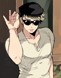  1boy blonde_hair cooking granblue_fantasy hat male_focus meme muscular muscular_male parody rollermet salt salt_bae_(meme) serious shirt short_hair solo sunglasses upper_body vane_(granblue_fantasy) white_shirt 