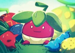  0_0 absurdres berry_(pokemon) blurry bounsweet closed_mouth commentary_request grass highres no_humans pokemon pokemon_(creature) pokeno255 sitting smile solo water_drop 