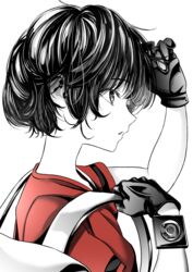  akegata_tobari commentary_request female from_side gloves hand_in_own_hair high_contrast highres kaban_(kemono_friends) kemono_friends monochrome parted_lips partially_colored profile red_shirt shirt short_hair short_sleeves solo upper_body wavy_hair 