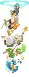  2girls 3boys amalia_sheran_sharm az_(wakfu) barefoot blonde_hair breasts cra_(wakfu) dark-skinned_female dark_skin evangelyne_(wakfu) green_hair hat highres iop_(wakfu) long_hair multiple_boys multiple_girls nemurism open_mouth pointy_ears ruel_stroud sadida short_hair simple_background tristepin_percedal wakfu weapon white_background yugo_(wakfu) 