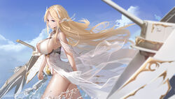  absurdres artillery azur_lane blonde_hair blue_eyes blue_sky breasts brest_(azur_lane) chinese_commentary clothing_cutout cloud cloudy_sky dress female from_side highleg highleg_leotard highres huge_breasts huijin_zhi_ling leotard long_dress long_hair pointy_ears revealing_clothes rigging see-through sky sleeveless sleeveless_dress solo turret underboob_cutout underwear very_long_hair walking water white_dress white_leotard wings 